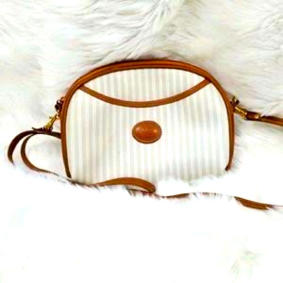 ALLAN EDWARD Vintage 80s Half Moon White & Brown Stripe Crossbody - Picture 2 of 13